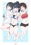  3girls absurdres animal_print barefoot bikini black_bikini_bottom black_hair black_shorts blue_eyes brown_hair closed_eyes gridman_universe grin hassu highres jacket long_hair mask mismatched_bikini mouth_mask multiple_girls namiko navel one_eye_closed open_mouth orange_scrunchie scrunchie sho_(shoshos_8888) short_hair short_sleeves shorts smile ssss.gridman swimsuit takarada_rikka teeth tiger_print upper_teeth_only white_jacket 