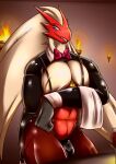  &lt;3 &lt;3_eyes anthro armwear avian bird blaziken blue_eyes bow_tie bulge butler clothed clothing costume digital_media_(artwork) generation_3_pokemon hair hi_res latex_armwear latex_clothing latex_underwear looking_at_viewer male nintendo nobody_shapes partially_clothed pokemon pokemon_(species) red_body reverse_bunny_costume rubber rubber_clothing solo 