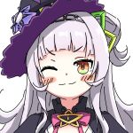  1girl ama_(ama_ekaku) arched_bangs black_hairband black_headwear blush_stickers closed_mouth grey_hair hair_bun hairband hat highres hololive light_smile long_hair looking_at_viewer murasaki_shion murasaki_shion_(1st_costume) one_eye_closed portrait sidelocks simple_background single_side_bun sketch solo star_(symbol) tilted_headwear v-shaped_eyebrows virtual_youtuber white_background witch_hat yellow_eyes 