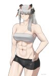  1girl absurdres arknights bandeau bare_arms bare_shoulders black_shorts breasts cleavage commentary cowboy_shot grey_hair hair_between_eyes hand_on_own_hip highres horns long_hair medium_breasts midriff navel orange_eyes saria_(arknights) short_shorts shorts simple_background solo standing stomach strapless thighs tube_top wachen white_background 