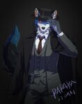  2023 anthro black_clothing black_coat black_hat black_headwear black_nose black_sclera black_topwear blue_eyes bottomwear brown_necktie canid clothed clothing coat dated front_view fur grey_body grey_bottomwear grey_clothing grey_fur grey_jacket grey_pants grey_topwear grey_vest hat headgear headwear heterochromia hi_res jacket looking_at_viewer male mammal mouth_closed necktie pants papayafurry portrait red_eyes signature simple_background solo standing three-quarter_portrait topwear vest white_body white_fur 