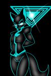  2023 anthro black_and_blue black_background blue_eyes bottomwear canid canine chaoscroc clothed clothing darkwitt_(character) hands_behind_back hi_res looking_at_viewer male mammal narrowed_eyes pants simple_background solo standing tail topwear 