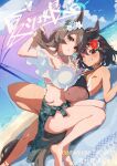  2girls absurdres artist_name bare_legs bare_shoulders barefoot beach beach_towel beach_umbrella bikini black_bikini black_hair blush brown_eyes brown_hair character_request comiket_102 cover cover_page day doujin_cover dutch_angle eyelashes floral_print flower foot_out_of_frame frilled_bikini frills hair_flower hair_ornament highres horse_girl knee_up legs lily_(flower) long_hair lying medium_hair multiple_girls on_back orange_bikini outdoors red_eyes red_flower sandals shadow shiny_skin side-tie_skirt sitting soles swimsuit thighs towel two-tone_bikini umamusume umbrella white_bikini white_flower yakousei_a yokozuwari 