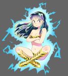  01angelegg 1girl angry animal_print bikini blue_eyes boots crossed_arms crossed_legs electricity eyelashes floating green_hair highres horns lum multicolored_hair navel oni oni_horns solo strapless strapless_bikini swimsuit tiger_print urusei_yatsura 