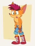  2022 activision anthro artist_name bandicoot belt biped blue_bottomwear blue_clothing blue_pants bottomwear brown_clothing brown_fingerless_gloves brown_gloves brown_handwear brown_nose clothed clothing crash_bandicoot crash_bandicoot_(series) eyebrows fingerless_gloves footwear full-length_portrait fur gloves green_eyes handwear jingleding0 male mammal marsupial mohawk orange_body orange_fur pants portrait red_clothing red_footwear red_shoes shoes simple_background solo standing tongue tongue_out topless 