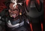  1boy ais_illust armor black_hair dark-skinned_male dark_skin earrings english_commentary gatling_gun highres jewelry looking_back male_focus mauga_(overwatch) multicolored_hair overwatch overwatch_2 piercing red_background red_eyes solo streaked_hair tongue tongue_out twitter_username upper_body weapon 