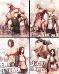  2boys 2girls absurdres annie_leonhardt armband armored_titan bare_pectorals black_eyes black_hair blood blood_on_hands breasts brown_hair cart_titan character_name eren_yeager female_titan founding_titan giant giant_male giantess goggles goggles_on_head highres long_hair looking_at_viewer multiple_boys multiple_girls official_alternate_costume pectorals pieck_finger reiner_braun ribs rogue_titan shingeki_no_kyojin shirt short_hair spoilers stephengiannart titan_(shingeki_no_kyojin) toned toned_male 