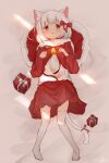  1girl animal_ears bell box cat_ears cat_girl cat_tail chinese_commentary christmas christmas_present commentary_request full_body fur_trim gift gift_box highres long_sleeves looking_at_viewer neck_bell open_mouth original red_eyes red_skirt rune_xiao santa_costume short_hair signature skirt solo tail thighhighs white_hair white_thighhighs 