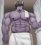  abs anthro bathroom black_hair domestic_cat facial_hair felid feline felis fur hair hair_down hi_res lifewonders live_a_hero male mammal miazuma_shouki muscular muscular_anthro muscular_male nipples pecs purple_body purple_fur shirtless solo towel tsuneaki wet wet_body 