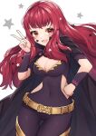  1girl :d ass_visible_through_thighs belt black_cape breasts cape cleavage clenched_hand covered_navel fire_emblem fire_emblem_engage hako_momiji hand_on_own_hip hand_up highres long_hair looking_at_viewer medium_breasts open_mouth orange_eyes red_hair skinsuit smile solo star_(symbol) v white_background yunaka_(fire_emblem) 