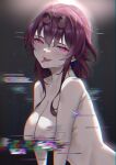  1girl areola_slip breasts censored collarbone eyewear_on_head glowing glowing_eyes highres honkai:_star_rail honkai_(series) kafka_(honkai:_star_rail) large_breasts long_hair looking_at_viewer nude open_mouth purple_eyes purple_hair round_eyewear smile solo tinnies tongue tongue_out 