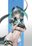  1girl absurdres aqua_eyes aqua_wings arknights bikini breasts character_name closed_mouth feathered_wings fingerless_gloves gloves grey_hair hair_between_eyes head_wings highres ho&#039;olheyak_(arknights) large_breasts looking_at_viewer navel short_hair smile snake_tail solo splitting0 stomach swimsuit tail thigh_strap white_gloves wings zipper 