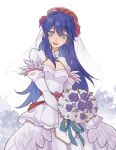  :d blue_eyes blue_hair bouquet breasts bride cleavage dress fire_emblem fire_emblem:_the_binding_blade fire_emblem_heroes flower hair_between_eyes hair_flower hair_ornament highres holding holding_bouquet julianlynnnn lilina_(bridal)_(fire_emblem) lilina_(fire_emblem) long_hair official_alternate_costume open_mouth smile teeth upper_teeth_only white_background white_dress 