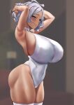  1girl adjusting_hair ahoge aqua_eyes armpits bare_arms bare_hips bare_shoulders blush breasts closed_mouth covered_navel cowboy_shot dark-skinned_female dark_skin from_side green_eyes grey_hair gundam gundam_suisei_no_majo hair_tuft halter_leotard halterneck highleg highleg_leotard highres huge_breasts impossible_clothes impossible_leotard leotard looking_at_viewer medium_hair secelia_dote sideboob sideways_glance smile solo thick_thighs thighhighs thighs ura_tomoya white_leotard white_thighhighs 