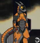  anthro armor big_tail breastplate city half-life hev_suit hi_res kaiori lambda machine male orange_body robot simple_background solo synth_(vader-san) synthetic tail visor 