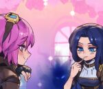  2girls black_gloves blue_eyes blue_hair brown_choker brown_jacket caitlyn_(league_of_legends) choker eating fingerless_gloves ghost gloves goggles goggles_on_head holding_utensil jacket league_of_legends long_hair multicolored_background multiple_girls parted_bangs phantom_ix_row pink_eyes pink_hair shirt short_hair smile sparkle utensil_in_mouth vi_(league_of_legends) white_shirt window 