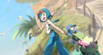  1girl :d alolan_exeggutor bare_arms blue_eyes blue_hair blue_pants blue_sailor_collar bright_pupils bulbasaur character_doll commentary_request day dewpider eko000ohce eyewear_on_head fence fishing_rod hand_up highres holding holding_fishing_rod kyogre lana_(pokemon) looking_down no_sclera one-piece_swimsuit open_mouth outdoors pants pokemon pokemon_(creature) pokemon_(game) pokemon_sm popplio sailor_collar shirt short_hair sky sleeveless sleeveless_shirt smile standing sunglasses swimsuit swimsuit_under_clothes teeth togepi tongue upper_teeth_only white_pupils white_shirt wingull xatu 