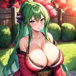  ai-generated bad_source bra breasts covered_nipples green_hair heterochromia huge_breasts japanese_clothes kimono lace-trimmed_bra lace_trim large_breasts long_hair original red_kimono underwear 