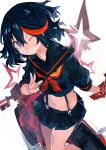  1girl :d absurdres bare_legs black_hair color_streak cowboy_shot gloves highres kaamin_(mariarose753) kill_la_kill looking_at_viewer matoi_ryuuko microskirt midriff one_eye_closed red_gloves red_hair school_uniform senketsu serafuku short_hair single_glove skirt smile star_(symbol) suspenders white_background 