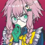  1girl alternate_costume arknights artist_name bow braid commentary_request dated glasses gloves green_eyes green_gloves hair_bow hair_ornament hairclip highres looking_at_viewer may_(arknights) penguin_hair_ornament pink_hair red_background round_eyewear rryy short_hair_with_long_locks sidelocks simple_background solo twin_braids 