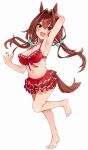  1girl animal_ears arm_behind_head arm_up barefoot beads bikini bikini_skirt blush breasts brown_hair cleavage daiwa_scarlet_(trifle_vacation)_(umamusume) daiwa_scarlet_(umamusume) fang frilled_bikini frills full_body hair_beads hair_between_eyes hair_intakes hair_ornament halterneck highres horse_ears horse_girl horse_tail long_hair looking_at_viewer low_twintails medium_breasts navel open_mouth red_bikini red_eyes simple_background skin_fang smile solo standing standing_on_one_leg swimsuit tail techi_(siro-white_0803) toes twintails umamusume white_background 