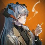  1girl achyue arknights between_fingers black_shirt brown_jacket character_request cigarette commentary_request grey_hair hair_between_eyes hand_up highres holding holding_cigarette horns jacket long_hair long_sleeves looking_at_viewer orange_background orange_eyes parted_lips ponytail saria_(arknights) shirt smoke solo upper_body very_long_hair 
