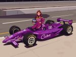  1girl absurdres arhentol brown_eyes brown_hair car ford goodyear hair_behind_ear hand_on_own_hip headwear_removed helmet helmet_removed highres holding holding_helmet indycar_series jumpsuit looking_at_viewer motor_vehicle original panasonic_corporation purple_jumpsuit race_vehicle racecar racing_suit raelyn_cunningham shadow short_hair sitting smile solo spoiler_(automobile) 