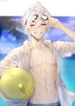  1boy alchemy_stars ball beachball day goggles goggles_on_head grin hair_between_eyes heart highres holding holding_ball looking_at_viewer male_focus navigator_(alchemy_stars) nipples open_clothes open_shirt outdoors shirt sky smile solo sonomi toned toned_male twitter_username wet wet_clothes wet_hair white_hair white_shirt 