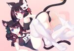  2girls all_fours animal_ear_fluff animal_ears ass azur_lane black_hair black_one-piece_swimsuit blue_eyes breasts butterfly_hair_ornament cat_ears cat_girl cat_mask cat_tail feet fusou_(azur_lane) hair_ornament knee_up kokonobi large_breasts long_hair looking_at_viewer looking_back lying mask mask_on_head multiple_girls no_shoes on_back one-piece_swimsuit open_mouth red_eyes school_swimsuit short_hair smile soles swimsuit tail thighhighs thighs twintails white_thighhighs yamashiro_(azur_lane) 