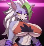  anthro big_breasts breasts canid canine canis collar cooliehigh female five_nights_at_freddy&#039;s five_nights_at_freddy&#039;s:_security_breach fur hi_res huge_breasts mammal multicolored_body multicolored_fur roxanne_wolf_(fnaf) scottgames solo spiked_collar spikes steel_wool_studios two_tone_body two_tone_fur wolf 