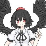  1girl bird_wings black_hair fumomono hat highres index_finger_raised looking_at_viewer medium_hair red_eyes red_headwear shameimaru_aya shirt short_sleeves solo tokin_hat touhou white_background white_shirt wings 