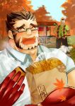  2boys ^_^ autumn_leaves bara blush closed_eyes collared_shirt drooling eating food food_request forked_eyebrows furrowed_brow glasses happy hogen_(housamo) itaru_(kidomh63) long_sideburns male_focus mature_male multiple_boys muscular muscular_male mutton_chops official_alternate_costume perspective shirt short_hair sideburns steam tajikarao_(housamo) tokyo_afterschool_summoners tusks upper_body 