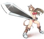  1girl animal_ears armor bikini bikini_armor boots breasts brown_cape brown_eyes brown_footwear brown_hair cape closed_mouth deno_(denomina0) dragonslayer_(sword) foreshortening frown greaves helmet highres holding holding_sword holding_weapon horse_ears horse_girl horse_tail huge_weapon looking_at_another looking_to_the_side matikane_tannhauser_(umamusume) medium_breasts medium_hair navel red_bikini simple_background solo sparkle standing sunrise_stance swimsuit sword tail tilted_headwear torn_cape torn_clothes umamusume weapon white_background wind 