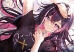  1girl absurdres azki_(4th_costume)_(hololive) azki_(hololive) black_hair black_shirt blush character_print colored_inner_hair hair_between_eyes highres hololive long_hair looking_at_viewer lying multicolored_hair on_back pink_shirt pioneer_(azki) print_shirt purple_eyes shirt solo streaked_hair t-shirt thermometer upper_body virtual_youtuber white_hair yuki_haru 