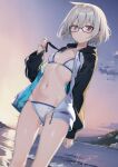  beach bikini breasts character_request closed_mouth commentary_request copyright_request glasses highres jacket looking_at_viewer open_clothes open_jacket polka_dot polka_dot_bikini purple_eyes short_hair signature small_breasts swimsuit yuugo_(atmosphere) 