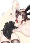 1girl alternate_costume animal_ears black_eyes black_hair black_leotard bow bowtie breasts brown_thighhighs detached_collar hair_flaps hatsuzuki_(kancolle) highres kantai_collection leotard lying on_side one-hour_drawing_challenge playboy_bunny rabbit_ears red_bow red_bowtie small_breasts solo strapless strapless_leotard tetsukuzu_(yajirushi_shita) thighhighs wrist_cuffs yes-no_pillow 
