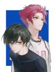  2boys black_bodysuit black_hair blue_background blue_eyes blue_lock bodysuit brothers closed_mouth collared_shirt frown highres itoshi_rin itoshi_sae looking_away male_focus multiple_boys p66666l red_hair shirt short_hair siblings soccer_uniform sportswear upper_body v-shaped_eyebrows white_shirt 