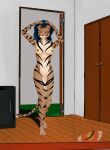  anthro bethesda_softworks blackreaper_bk201 door felid female green_eyes hair hi_res inside invalid_tag khajiit mammal nippel nude solo stripes the_elder_scrolls walking wet_hair 