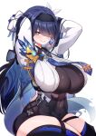  1girl 5danny1206 absurdres arms_behind_head black_hairband black_leotard black_thighhighs blue_gloves blue_hair blue_necktie breasts bright_pupils character_request cleavage commission cosplay covered_navel eula_(genshin_impact) eula_(genshin_impact)_(cosplay) eyes_visible_through_hair genshin_impact gloves grey_eyes hair_over_one_eye hair_ribbon hairband highres large_breasts leotard long_hair necktie parted_lips ribbon see-through see-through_cleavage sitting skindentation solo thighhighs white_pupils white_ribbon 