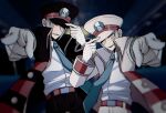  2boys absurdres black_coat black_headwear blue_necktie brothers coat collared_shirt emmet_(pokemon) gloves grey_eyes grey_hair hat high_collar highres ingo_(pokemon) kiriya_black long_sleeves male_focus multiple_boys necktie peaked_cap pointing pointing_at_viewer pokemon pokemon_(game) pokemon_bw shirt short_hair siblings sideburns smile striped_coat twins white_coat white_gloves white_headwear white_shirt 