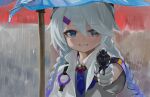  1girl aiming_at_viewer blue_archive blue_eyes blue_hair blue_necktie blue_shirt blue_umbrella braid collared_shirt commentary dokomon english_commentary gloves gradient_hair grey_hair grin gun hair_between_eyes hair_ornament hairclip highres holding holding_gun holding_weapon jacket kirino_(blue_archive) long_hair long_sleeves looking_at_viewer low_twintails multicolored_hair necktie open_clothes open_jacket rain revolver shirt smile solo twin_braids twintails umbrella upper_body very_long_hair weapon white_gloves white_jacket 
