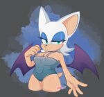  2022 5_fingers anthro bat breasts cleavage clothed clothing eyeshadow female fingers fur green_eyes h_huniii makeup mammal membrane_(anatomy) membranous_wings narrowed_eyes overalls rouge_the_bat sega signature simple_background smile solo sonic_the_hedgehog_(series) tan_body tan_skin white_body white_fur wings 
