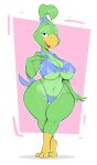 2023 absurd_res anthro avian big_breasts bikini bikini_bottom bikini_top bird breasts camel_toe cleavage clothed clothing feathers female green_body green_feathers hi_res huge_breasts looking_at_viewer navel open_mouth open_smile simple_background smile smiling_at_viewer solo standing swimwear usnarbit 