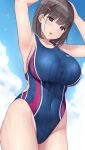  1girl armpits arms_up bare_arms bare_legs bird black_hair blue_one-piece_swimsuit blue_sky blush bob_cut breasts cloud collarbone commentary_request competition_swimsuit covered_navel day ear_piercing hair_ornament hairclip heart heart-shaped_pupils highres large_breasts mizunashi_kenichi navel one-piece_swimsuit open_mouth original outdoors piercing presenting_armpit red_eyes short_hair sky solo standing swimsuit symbol-shaped_pupils wet white_bird 