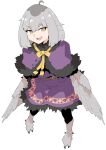  1girl ahoge archives.gokulism bird_legs borrowed_character capelet dress feathered_wings grey_feathers grey_hair grey_wings harpy highres looking_at_viewer medium_hair mono_(sifserf) monster_girl open_mouth original owl_girl purple_capelet purple_dress simple_background solo talons white_background winged_arms wings yellow_eyes 
