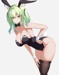  1girl animal_ears antlers bare_shoulders bent_over black_bow black_bowtie black_leotard black_ribbon black_thighhighs bow bowtie breasts ceres_fauna choker cleavage closed_mouth collarbone colored_tips fake_animal_ears fake_tail green_hair hair_between_eyes hair_ribbon highleg highleg_leotard highres hololive hololive_english large_breasts leotard looking_at_viewer medium_hair mole mole_under_eye multicolored_hair playboy_bunny rabbit_ears rabbit_tail ribbon solo strapless strapless_leotard tail thighhighs virtual_youtuber white_background white_choker wrist_cuffs yellow_eyes zeropen 