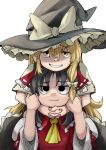  2girls ascot bare_shoulders black_eyes black_hair black_headwear blonde_hair bow braid clenched_teeth closed_mouth collar detached_sleeves frilled_bow frilled_collar frilled_hat frills grey_bow hair_between_eyes hair_bow hakurei_reimu hand_on_another&#039;s_arm hands_on_another&#039;s_arms hat hat_bow head_hug head_on_head head_rest highres hug interlocked_fingers kirisame_marisa long_hair medium_hair multiple_girls own_hands_clasped own_hands_together parted_lips red_bow red_shirt ribbon-trimmed_sleeves ribbon_trim rightorisamraido3 shaded_face shirt short_sleeves side_braid sidelocks simple_background single_braid skirt smile teeth touhou upper_body white_background white_sleeves witch_hat yellow_ascot yellow_eyes 