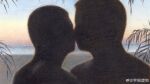  2boys absurdres bara beach couple faceless faceless_male highres kiss male_focus multiple_boys original painterly plant sand short_hair silhouette sunrise upper_body yaoi yuzhou_fei_gou 