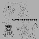  anthro black_and_white black_eyes breasts clothed clothing comic compsognathid compsognathus dinosaur duo fake_horns female greyscale hair hand_puppet judee long_hair long_tail monochrome narrowed_eyes no_pupils reptile scalie schizo_chan_(snoot_game) shirt simple_background snoot_game snout tail theropod tongue topwear unknown_artist 
