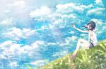  1girl amano_hina_(tenki_no_ko) arm_up black_eyes black_hair blue_sky blurry blurry_foreground cloud from_side highres hood hood_down jacket kouichi383 rain rainbow red_footwear shorts sitting sky sleeveless sleeveless_jacket smile solo tenki_no_ko twintails white_jacket 